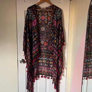 Natural Life Black Floral Kimono with Tassels